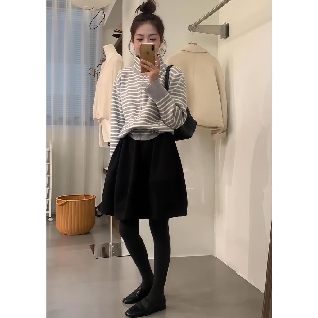 Dunkelgrauer Woll-A-Linien-Minirock für Damen - High Waist Schlankmachender Mid-Length Schirmrock für Herbst/Winter 2025