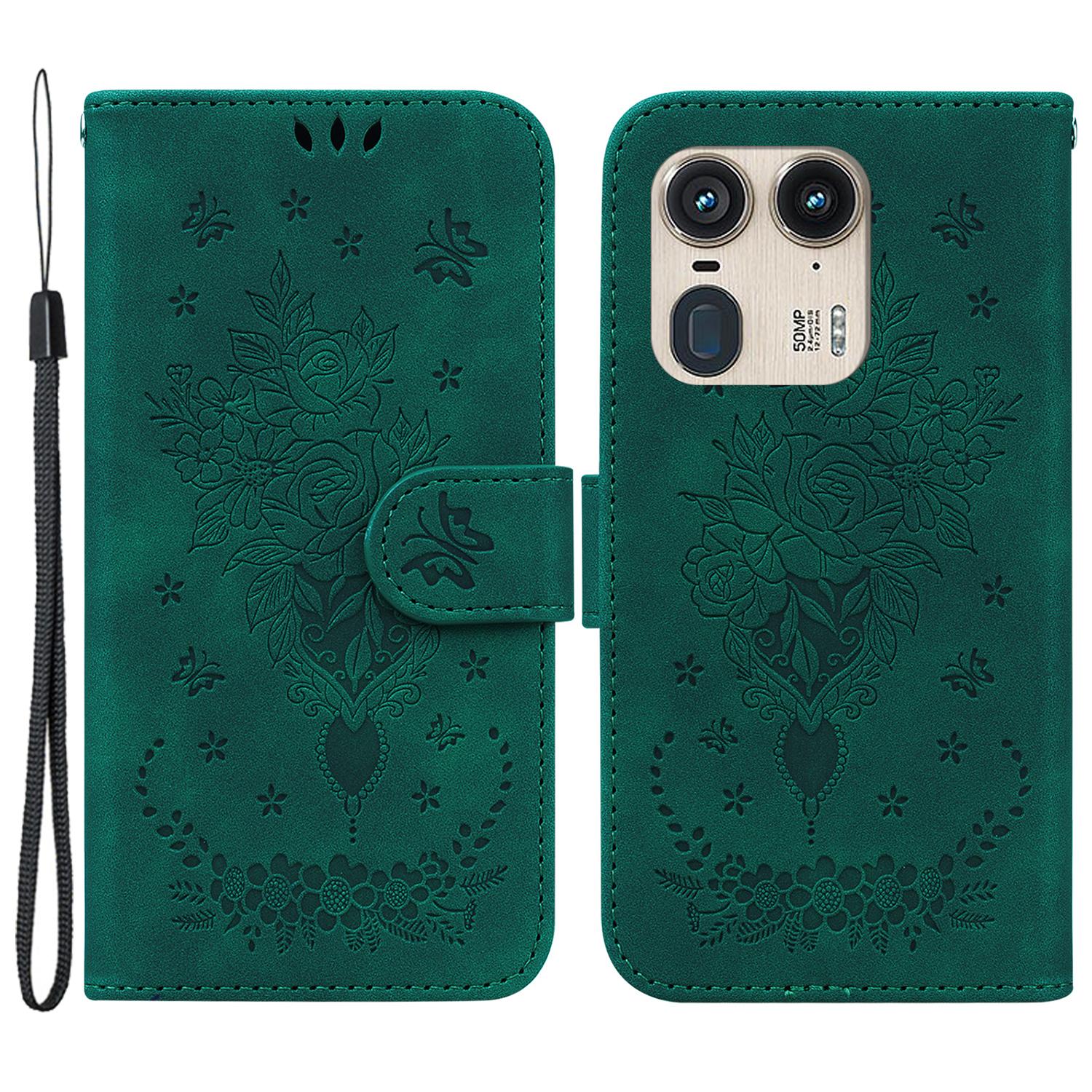 

For Motorola Edge 50 Ultra 5G/Moto X50 Ultra 5G Wallet Case PU Leather Phone Cover Butterfly Flower Imprint Green