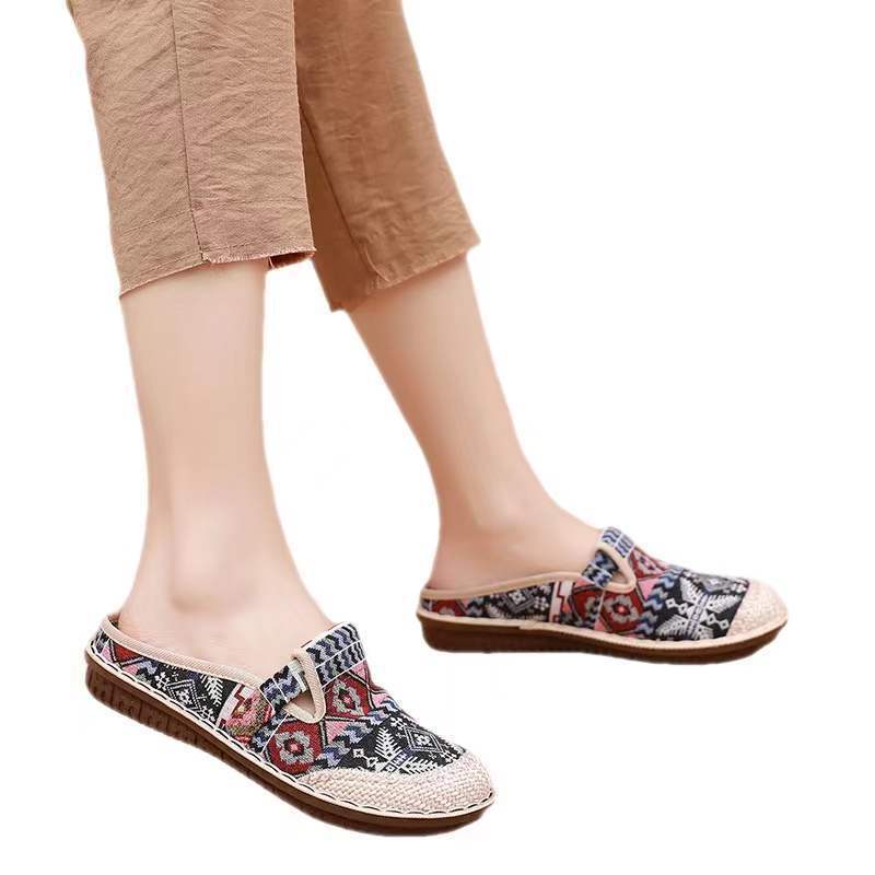 Women's cloth shoes spring and summer flat heel ethnic style shallow mouth middle-aged and elderly one-pedal lazy shoes bag head slippers mother shoes