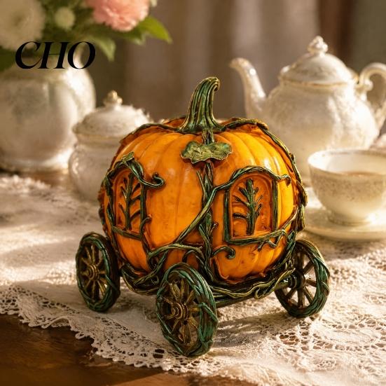Fall Themed Room Accessories 3D Resin Pumpkin Carriage Ornament, Retro Fairy Tale Cart Dreamy Niche Gift for Her Figurine, Vintage Desktop Decoration