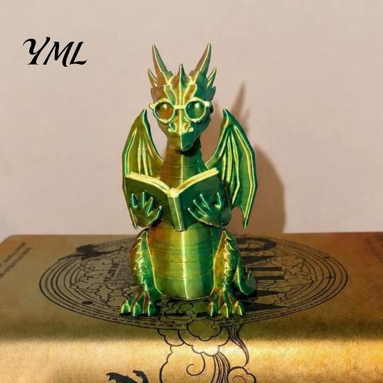 Dragon Statue for Garden Reading Figurine with Glasses, Statue, 3D Printed Bookshelf Decor, Whimsical Desktop Ornament, Gift Book Lovers Fantasy