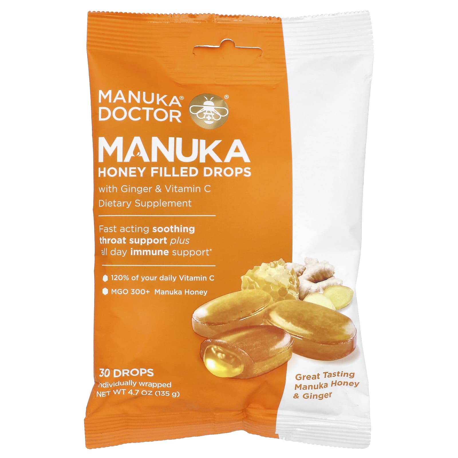 

Manuka Honey Drops with Ginger and Vitamin C, 30 Count