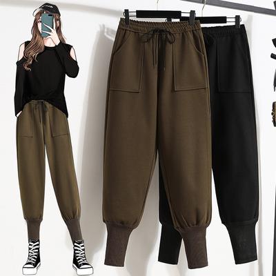 Pantaloni casual largi de toamnă și iarnă pentru femei, îngroșați, mărime plus, culoare solidă, cu șnur, călduroși, cu talie medie