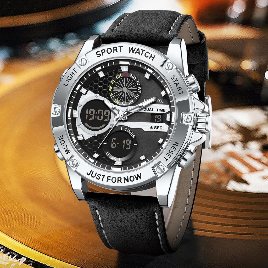 Outdoor Sport Electronics Watch for Men Leather Strap Auto Date Casual Waterproof Luminous Dual Digital Watches