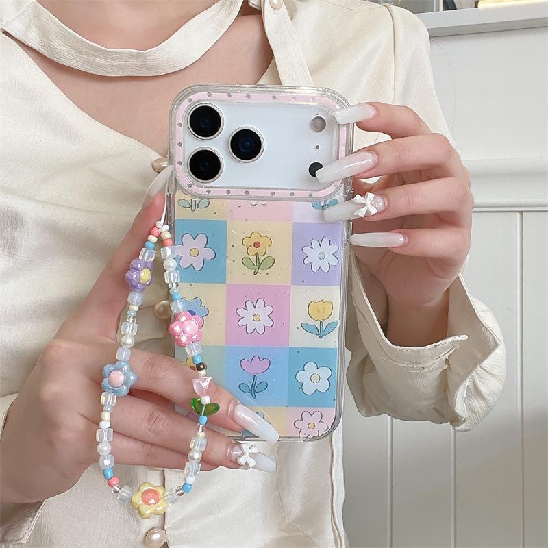 Spring Floral Grid Chain Case for iPhone 17, 16 Pro Max, 15 Pro