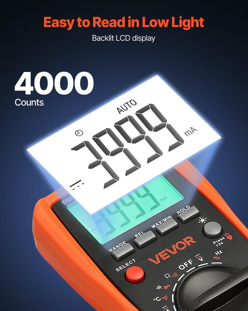 Digital Multimeter, 4000-Count TRMS DC/AC Voltmeter Current Tester, Auto-Ranging Multimeter for Current Voltage Resistance Capacitance Temperature