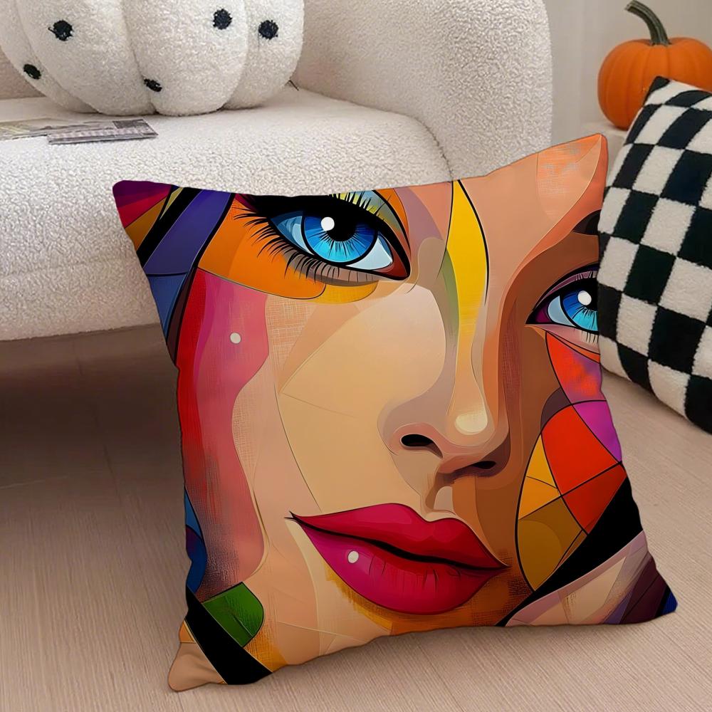 Square Bright Color Flower Girl Art Cushion Cover Throw Pillow Cover Hidden Button Durable Polyester Chair Cushion