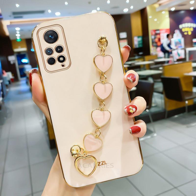 Luxury Plating Love Heart Bracelet Chain Case For Xiaomi Redmi Note 11 11pro 10 Pro 4g 5g Wrist Band Back Cover Note11 S 10s 11s