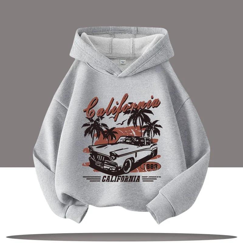New Hip-hop Style Retro Car Cartoon Printed Children's Hooded Sweatshirt, Autumn and Winter Casual Top, Comfortable Clothing