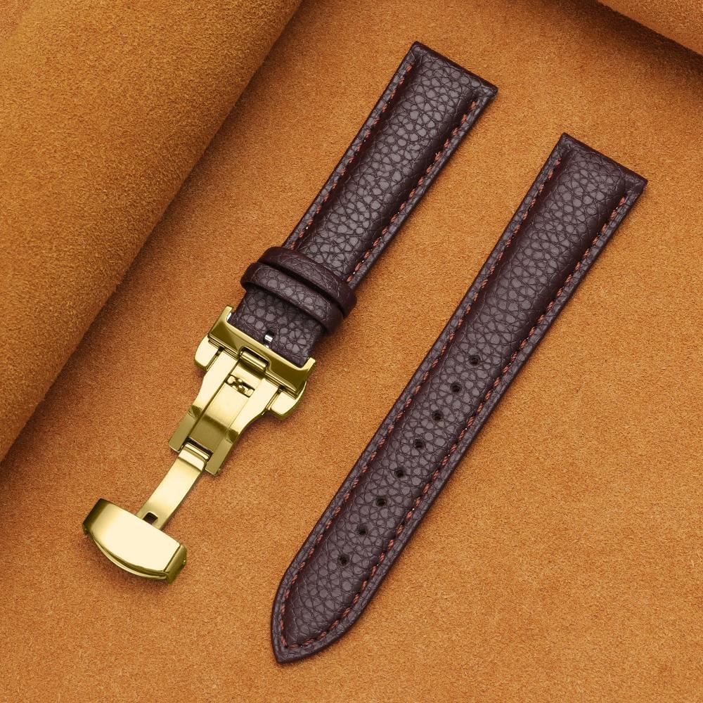 12/14/16/18/19/20/22mm Kalvskinnsklockarmband Litchimönstrad Rem Äkta Läder Armbandsurrem Fjärilsspänne Klocktillbehör