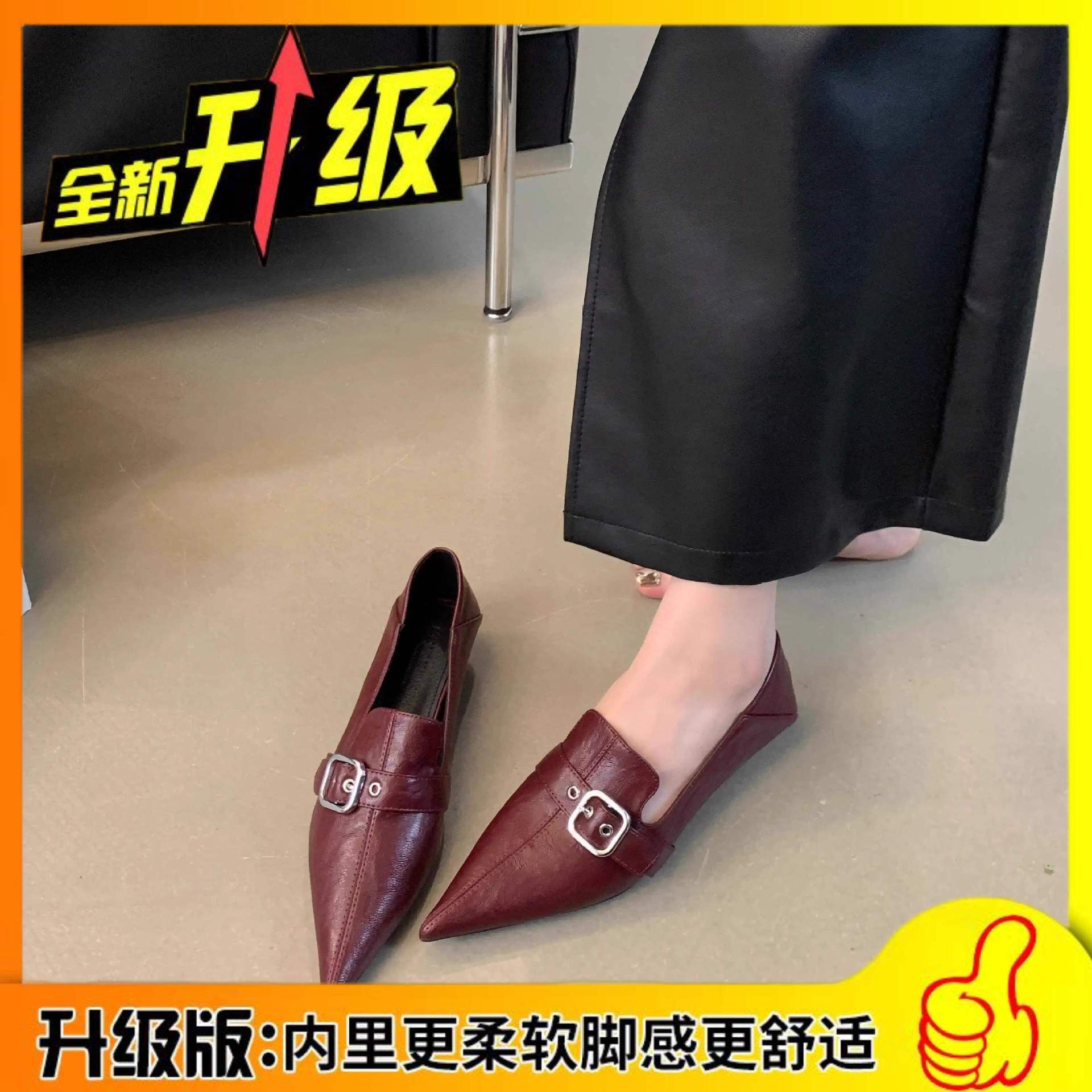 

Trendy brand 2025 autumn belt buckle low heel pointed single shoes femininity soft leather stepping heel cat heel medium heel small leather shoes 40