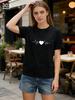 Women O Neck Heart Shaped Print Casual Loose Tops T Shirt Vintage Washed Stylish Breathable Soft Streetwear Slightly Comfortable