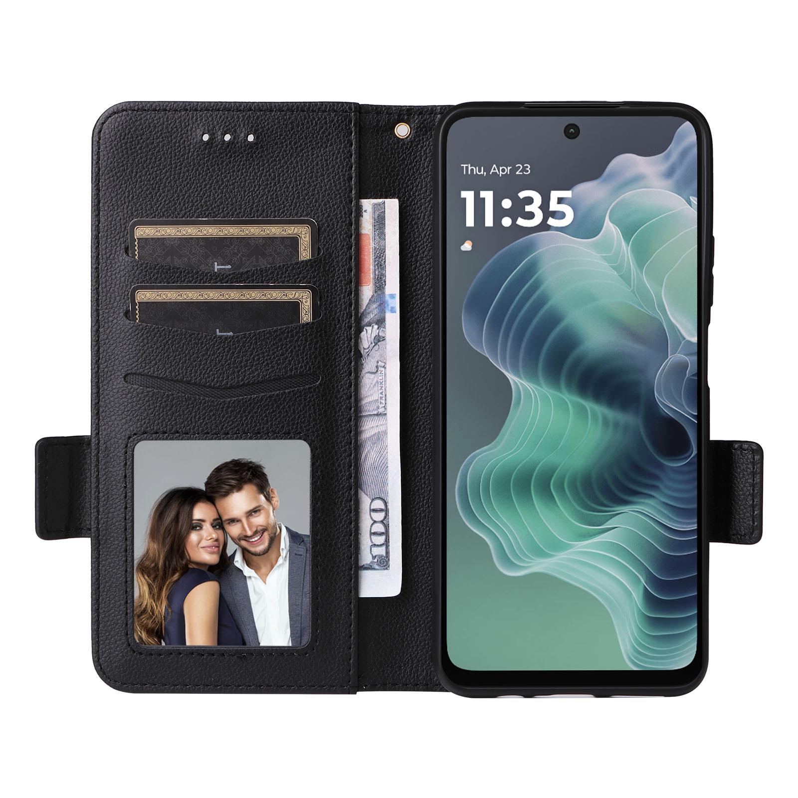 

For Motorola Moto G35 5G Case with Wrist Strap Litchi Texture PU Leather Wallet Phone Cover Black