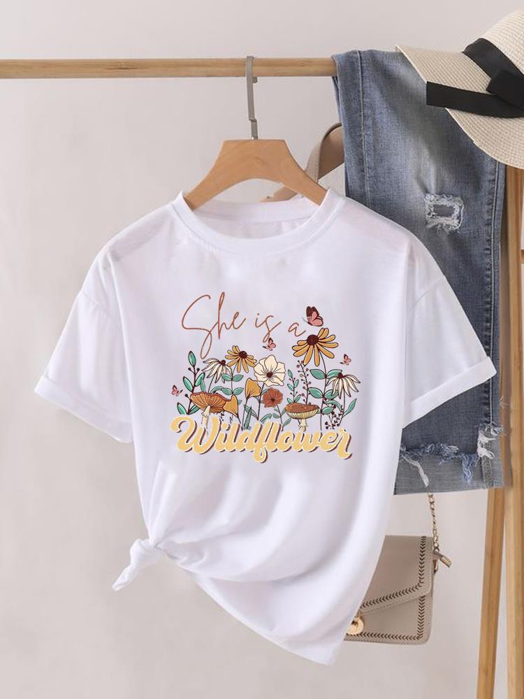 Kwiatek Słodki Trend lat 90. Uroczy Krótki Rękaw Nadruk Moda Graficzny T-shirt Kobiety Top Pani Damska Koszulka Tee Okrągły Dekolt Odzież Ubrania