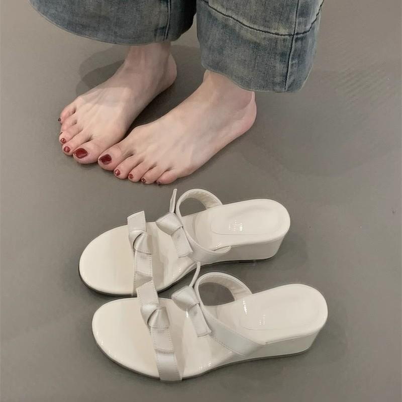 French word with wedge sandals women's summer wear 2025 new gentle evening breeze bow with skirt cool slippers
