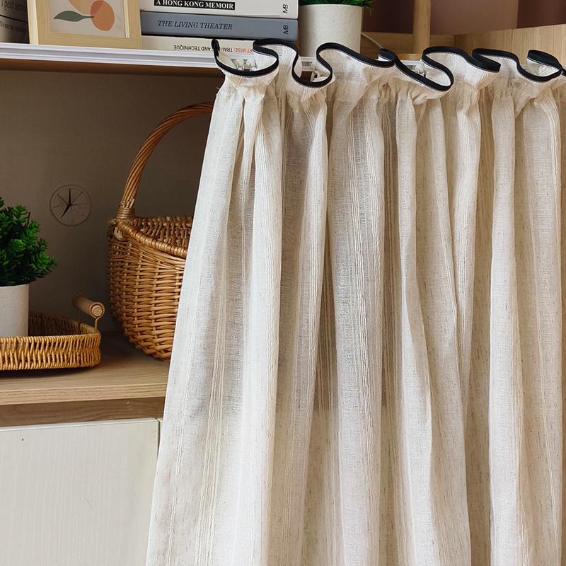 Beige Plain Cotton Linen Sheer Curtains With Black Edging Short Half Voile Curtain Kitchen Privacy Partition Home Decor, No Rail