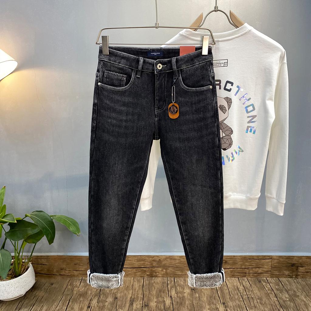 Fleecegefütterte Dicke Jeans Herren2024Winter Neue Modemarke Slim Stretch Skinny und All-Matching Warme Hosen