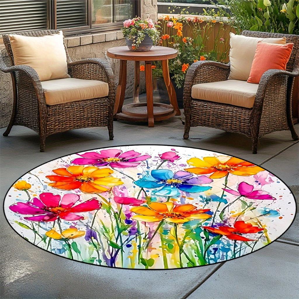 Lebendige Aquarellblumen Runder Teppich Außenbereich Terrasse Veranda Dekor Flanell-Stil Wetterfest Rutschfest Gartenbodenmatte Sommer-Vibes
