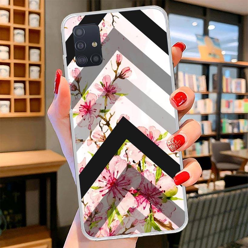 Black White Stripes Flower Cover Phone Case For Samsung Galaxy A12 A22 A32 A52 A72 A02S Phone Case Note 20 Ultra 10 S10 Plus A51