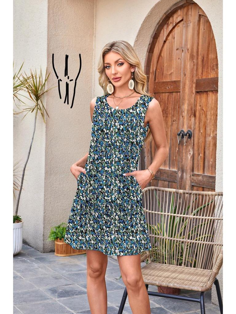 European American Women's Sleeveless Drawstring Pocket Dress - Round Neck Print