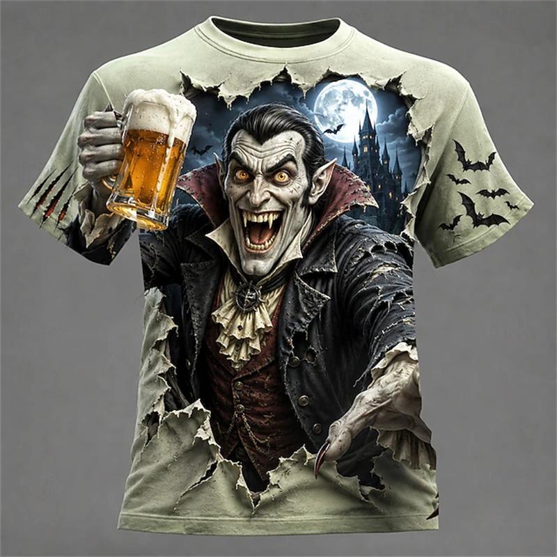 Men's Summer 3D-Printed Round-Neck Short-Sleeve T-Shirt with Tear-Art Pumpkin Scarecrow Beer and Halloween Horror Theme