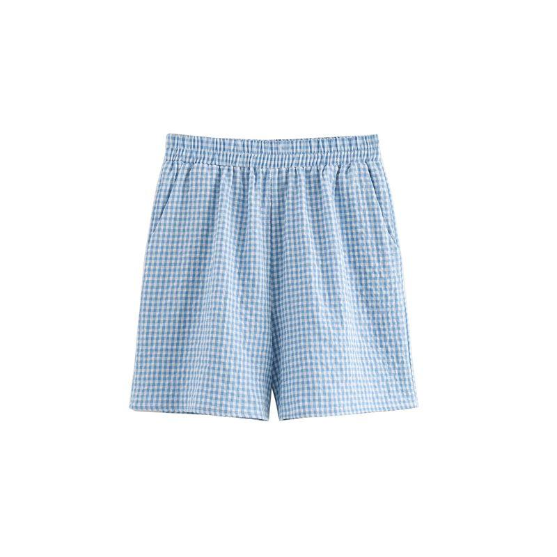 Spring New French Sweet Fashion V-neck Puff Sleeve Plaid Knotted Tops High Waist Casual Shorts
