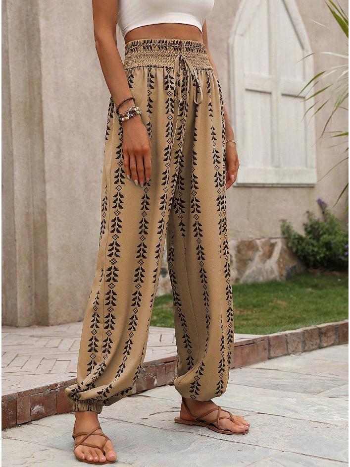 

2026 Geometric Print Lantern Pants - Casual European & American Style for Women M хаки