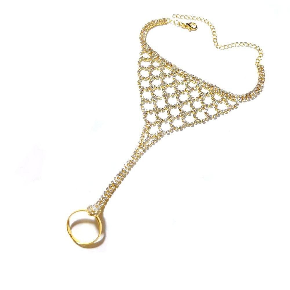 Adjustable Golden Finger Bracelet Rhinestone Hollow Geometric Pendant Stage Performance