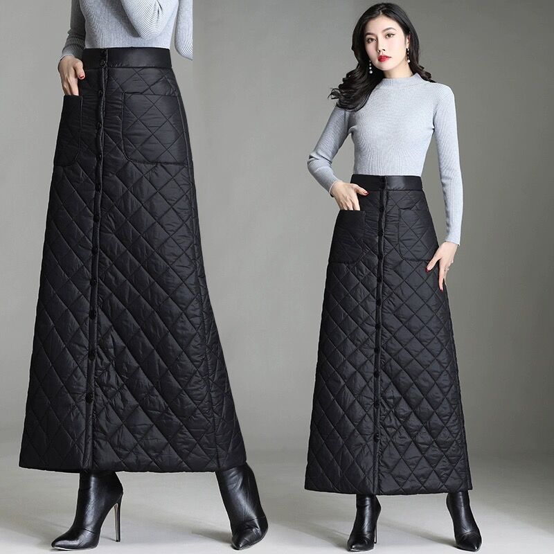 Thickened Warm Mid-length Down Cotton Skirt Double-breasted Autumn and Winter One-piece Skirt A-line Hip Skirt