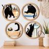 Rounded Corner Wood Art 4 Pcs Minimalist Black Cat Wall Art, Geometric Round Circle Wooden Non-toxic Coating Decor, Abstract Hanging Sign for
