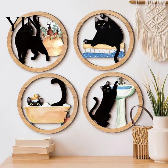 Rounded Corner Wood Art 4 Pcs Minimalist Black Cat Wall Art, Geometric Round Circle Wooden Non-toxic Coating Decor, Abstract Hanging Sign for