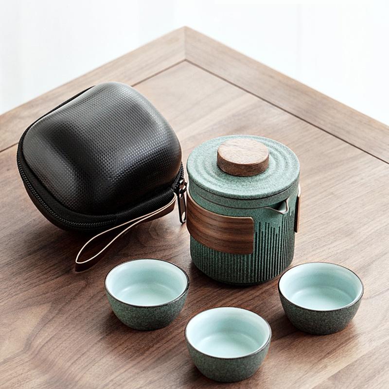 Bluestone Glaze Striped Ceramic Quick Tea Cup One Pot Three Cups Portable Kung Fu Tea Set