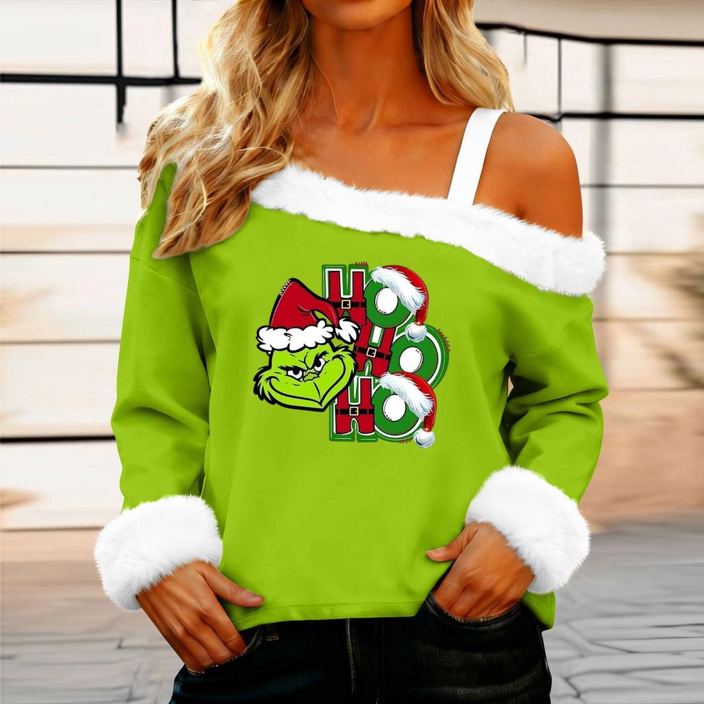 Women's Casual Fashion Sexy Off-Shoulder Collar Christmas Pattern Long Sleeve Crewneck T-Shirt Top