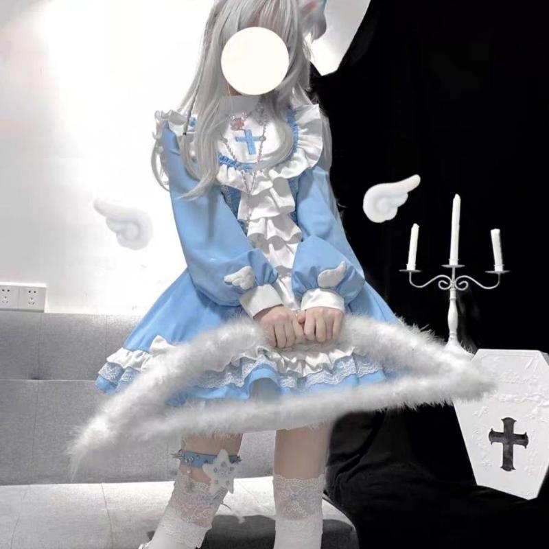Japanese Gothic Lolita OP Dress Women Kwaii Bow Ruffles Blue White Patchwork Princess Dresses Girl Harajuku Tea Party Mini Dress