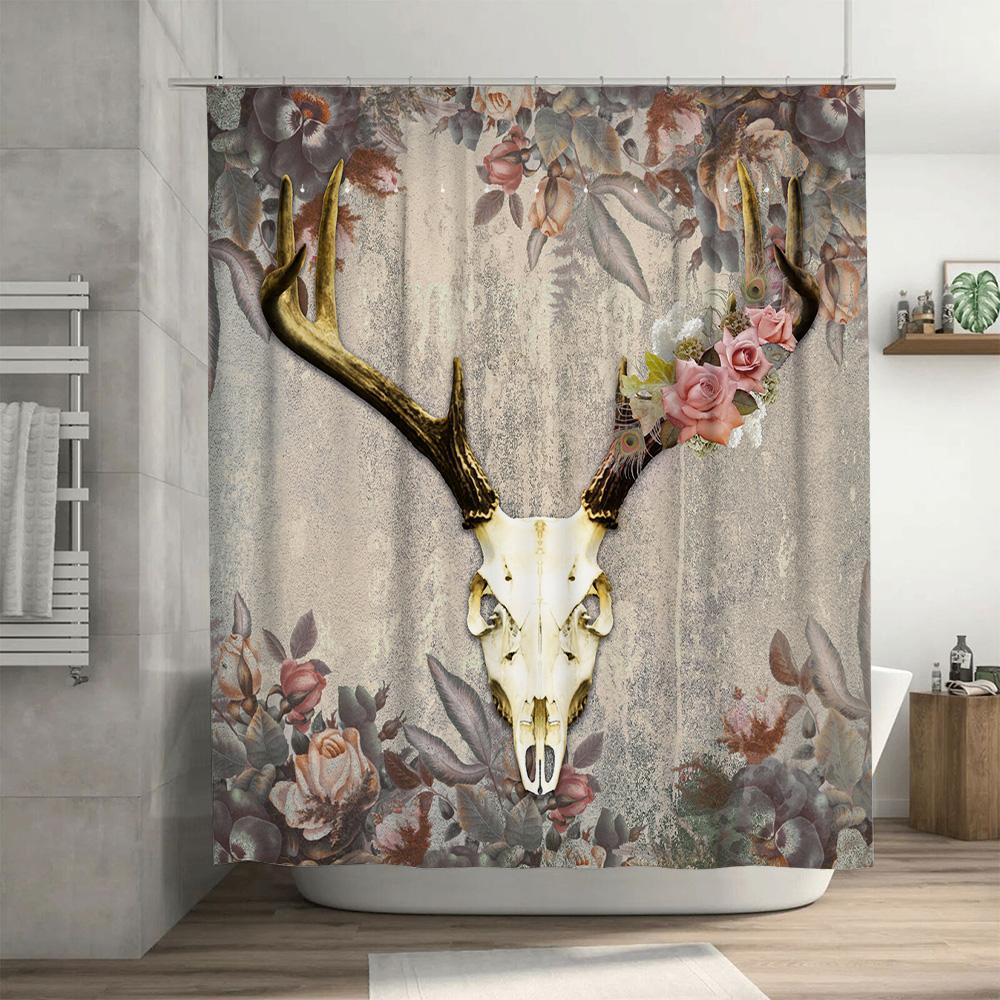 Vintage-inspired deer skull shower curtain with floral pattern perfect for rustic bathroom decor
