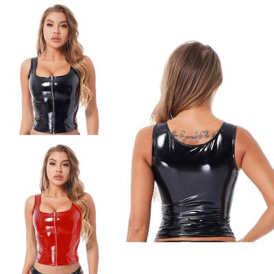 Sexy Damen-Tanktops aus PVC, glänzend, mit Reißverschluss, offen, kurz, Latex, Moto- und Biker-Punk-Kurztops