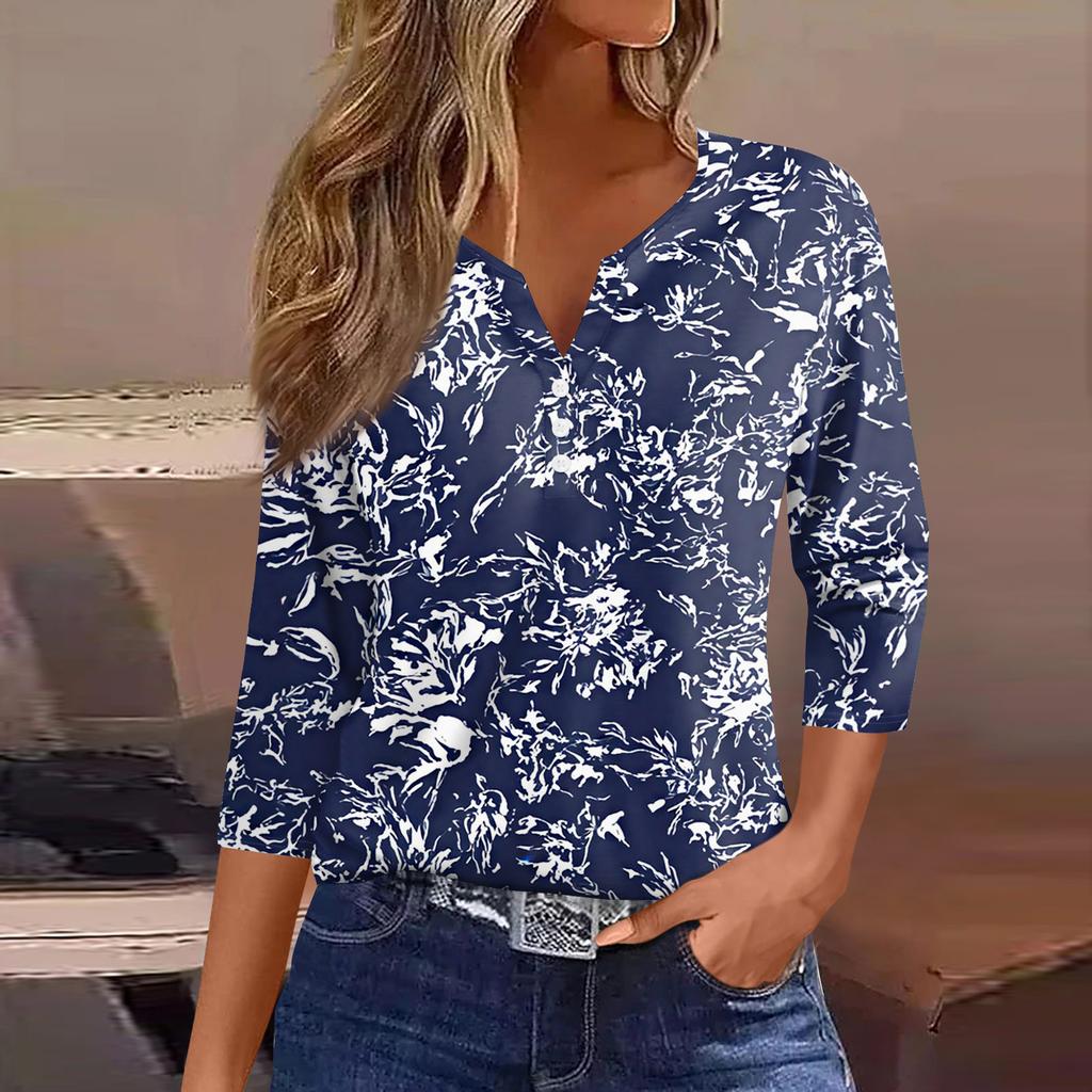 T-shirt da Donna Maglietta Stampata Bottoni Manica Corta Tunica Moda Quotidiana Weekend Base Scollo a V Top Regolare