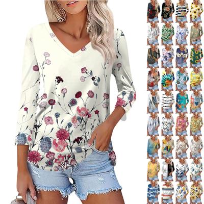 Women's Fashion Casual V Neck 3/4 Sleeve Loose  Printed T-Shirt Ladies Top