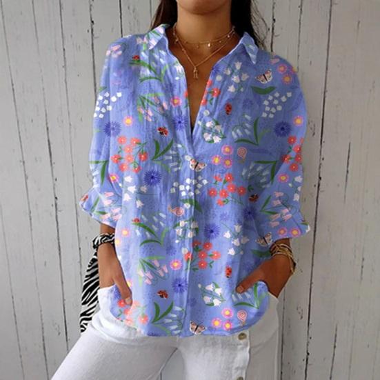Women Shirt Lapel Long Sleeve Buttons Placket Shirt Tops Loose Fit Mid-length Summer Floral Shirt Lightweight Casual Tops