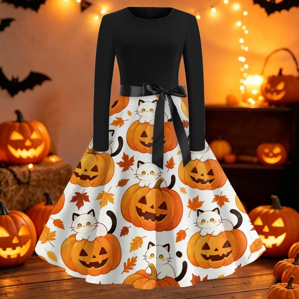Womens Casual Fit and Flare Dress Long Sleeve Round Neck Halloween Print Dress with Flared Skirt and Waist Tie Belt