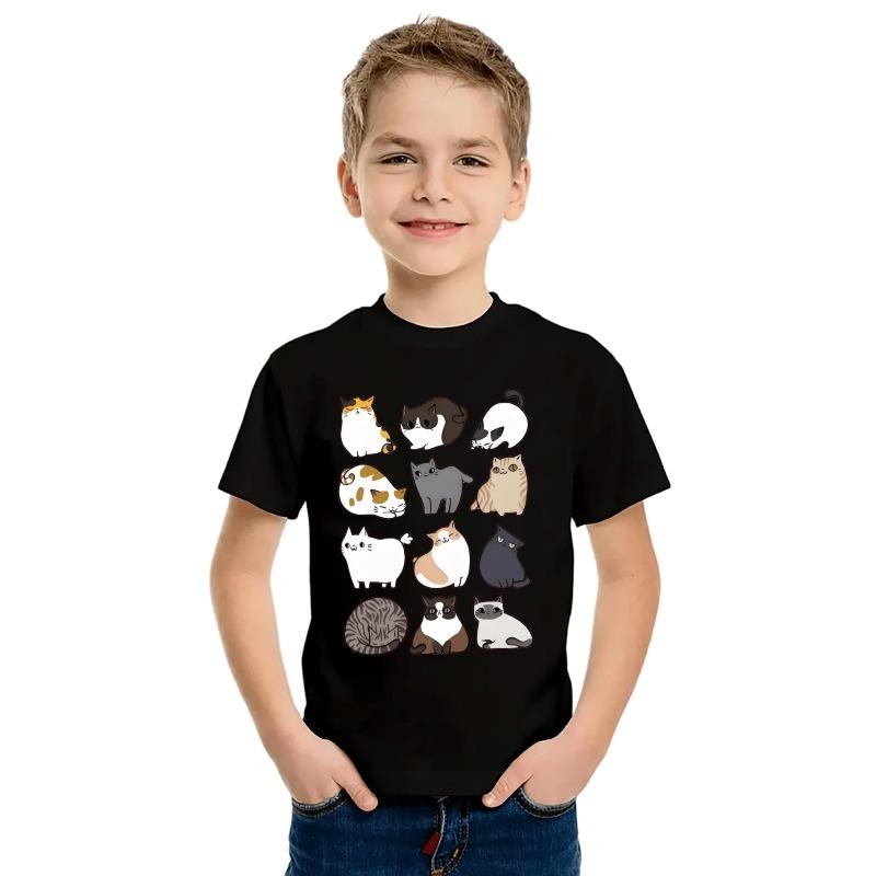 European sizes Summer New Cat Star Cute Cartoon Printed Boys  Short sleeved T-shirt Top 98cm чёрный
