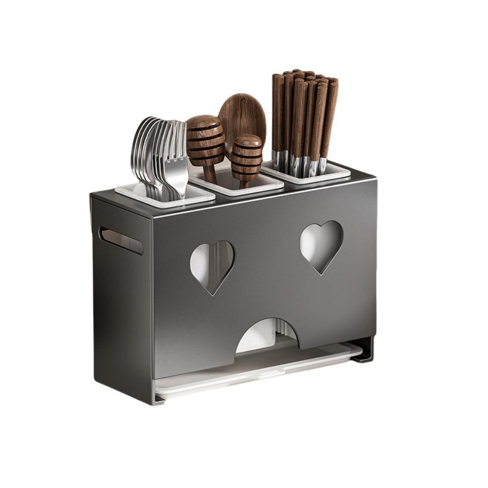 Carbon Steel Cutlery Holder Detachable Rust-proof Cutter Storage Rack with Drain Tray Large Capacity Spoon Fork Organizer