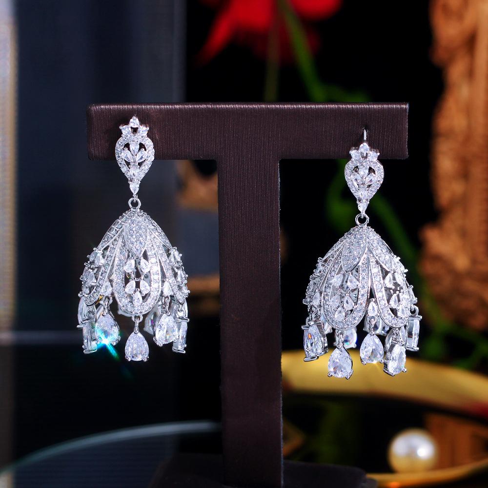 Needle French Light Luxury Court Style Full Zirconium Hollow Earrings Guochao Water Drop Fringed Zircon Earrings Earrings