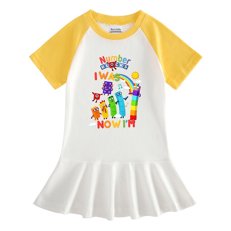 Girls' Summer Cartoon Raglan Color Block Dress with Ruffled Pleated Skirt