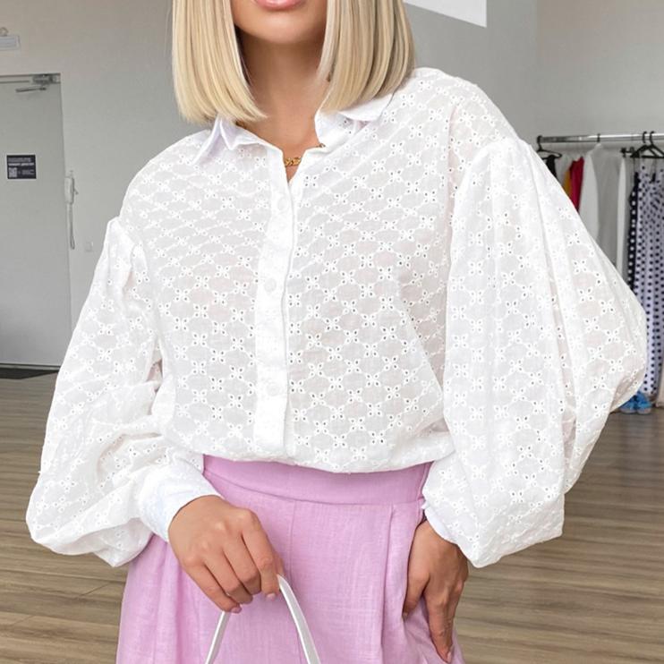 GMXIA Women's Lantern Sleeve Jacquard Shirt Spring Temperament Versatile Polo Collar Small Hollow Design Shirt