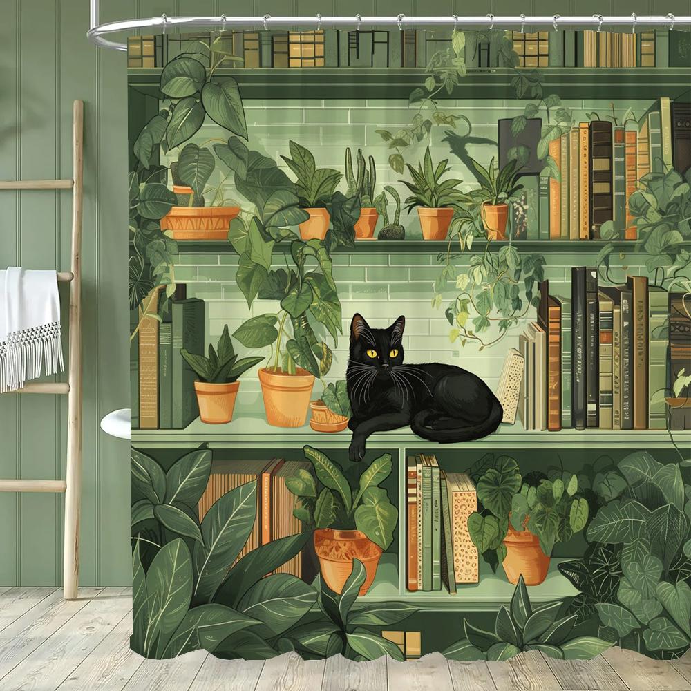 Modern Plant and Cartoon Cute Cat Shower Curtain, Bathroom Decorative Shower Curtain, Printed Polyester Home Curtain with Hooks