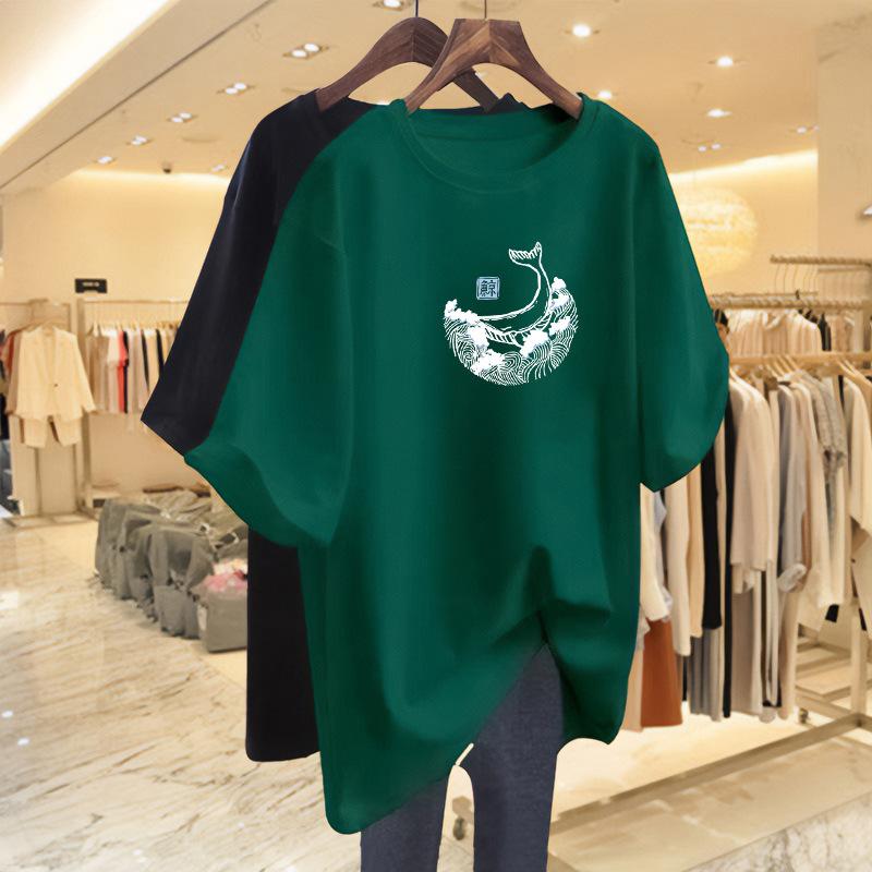 

Pure cotton loose large size casual medium and long short-sleeved t-shirt 2025 new summer age-reducing top and clothing trend XXXL
