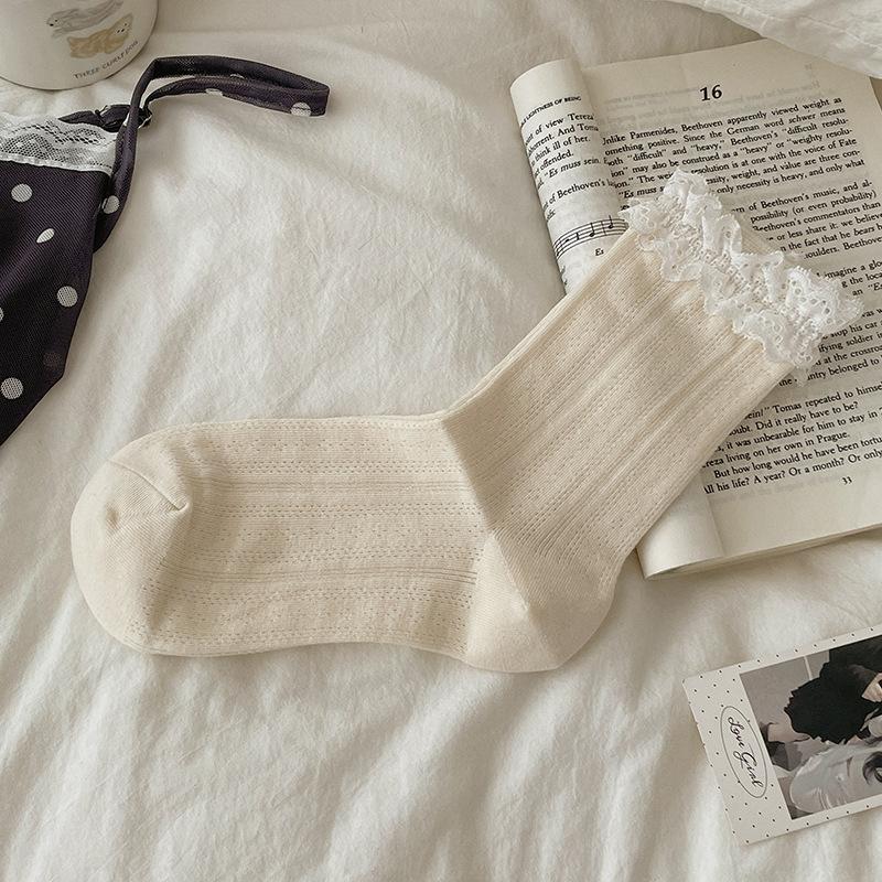 

Spring and Summer Lightweight Children s Sweet Little Flower Mesh Breathable Mid-Calf Socks with Polka Dots and Edging 1 pair