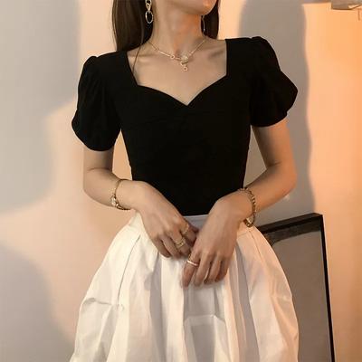 Francouzské Vintage Bublinkové Krátkorukávové Tričko Dámské Divoké Štíhlé V-výstřih Černé Tričko Oversized Topy Jarní Tričko Blůza Větší Velikost