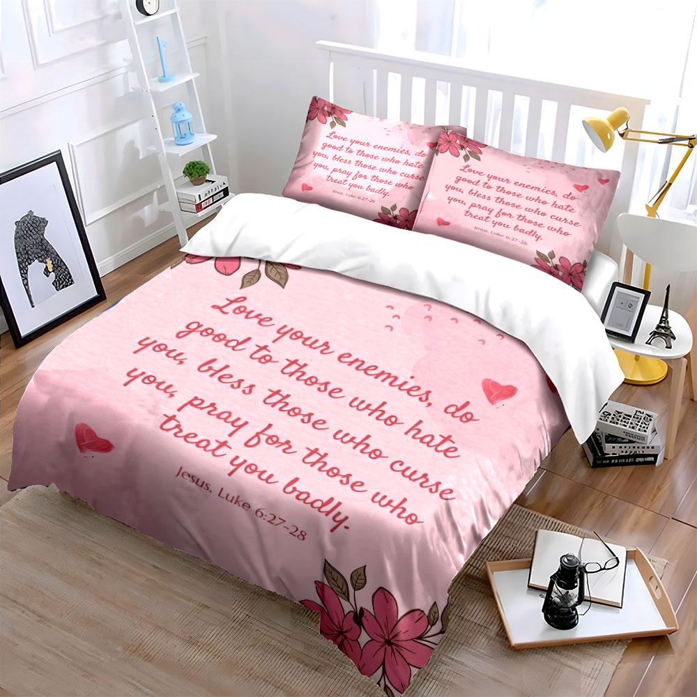 "Floral-Themed Inspirational Bible Verses Gift Set" kid's and adults' bedroom decor, Exquisite three-piece bedding set gift